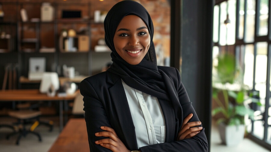 A person in a hijab and black and white outfit smiles at the camera.